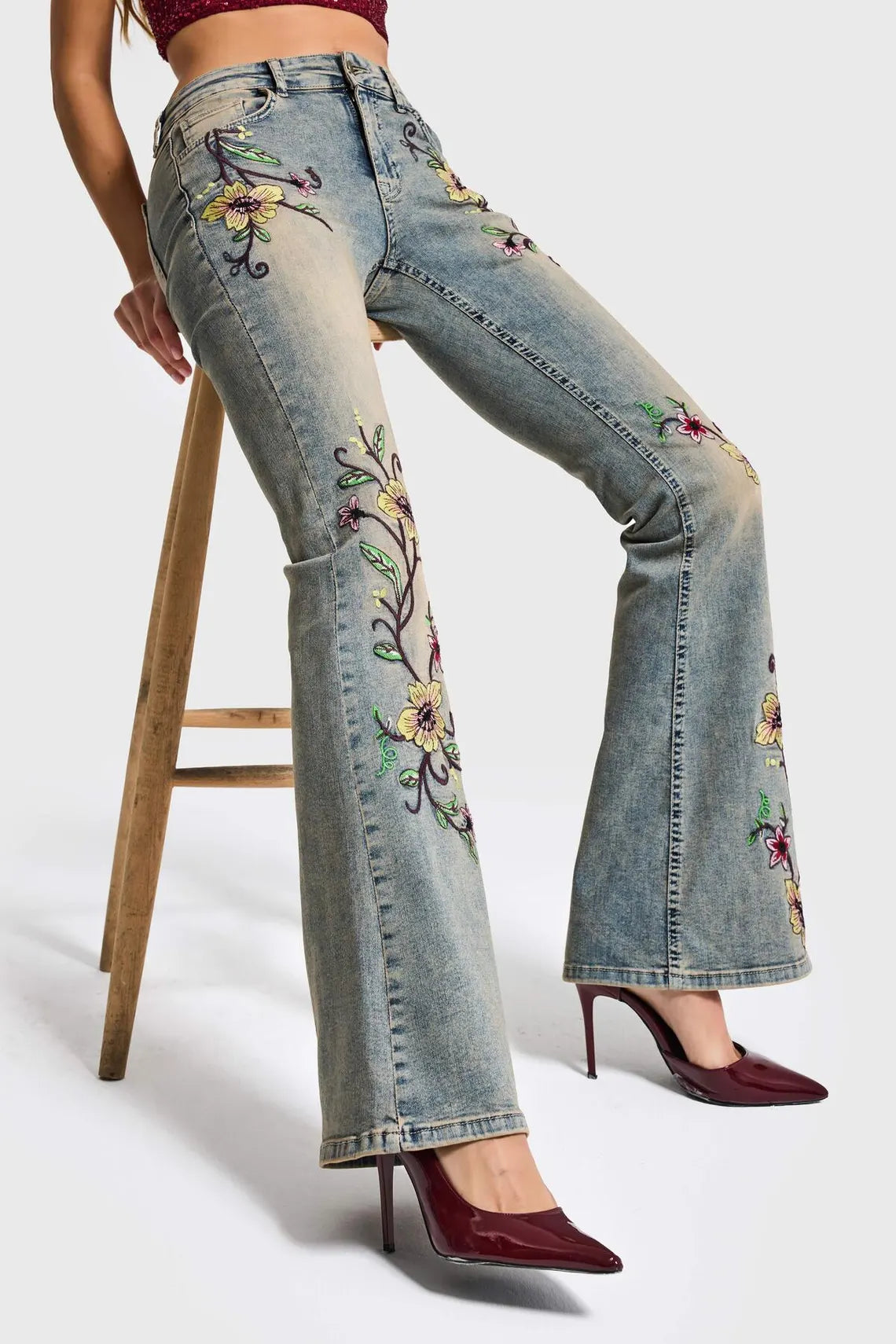 High Waist Floral Embroidered Vintage Washed Flare Denim Jeans