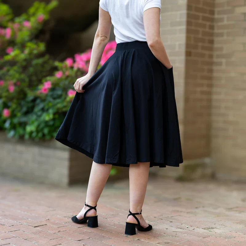 High Waist Elastic Waistband 100% Cotton Twirl Midi Skirt